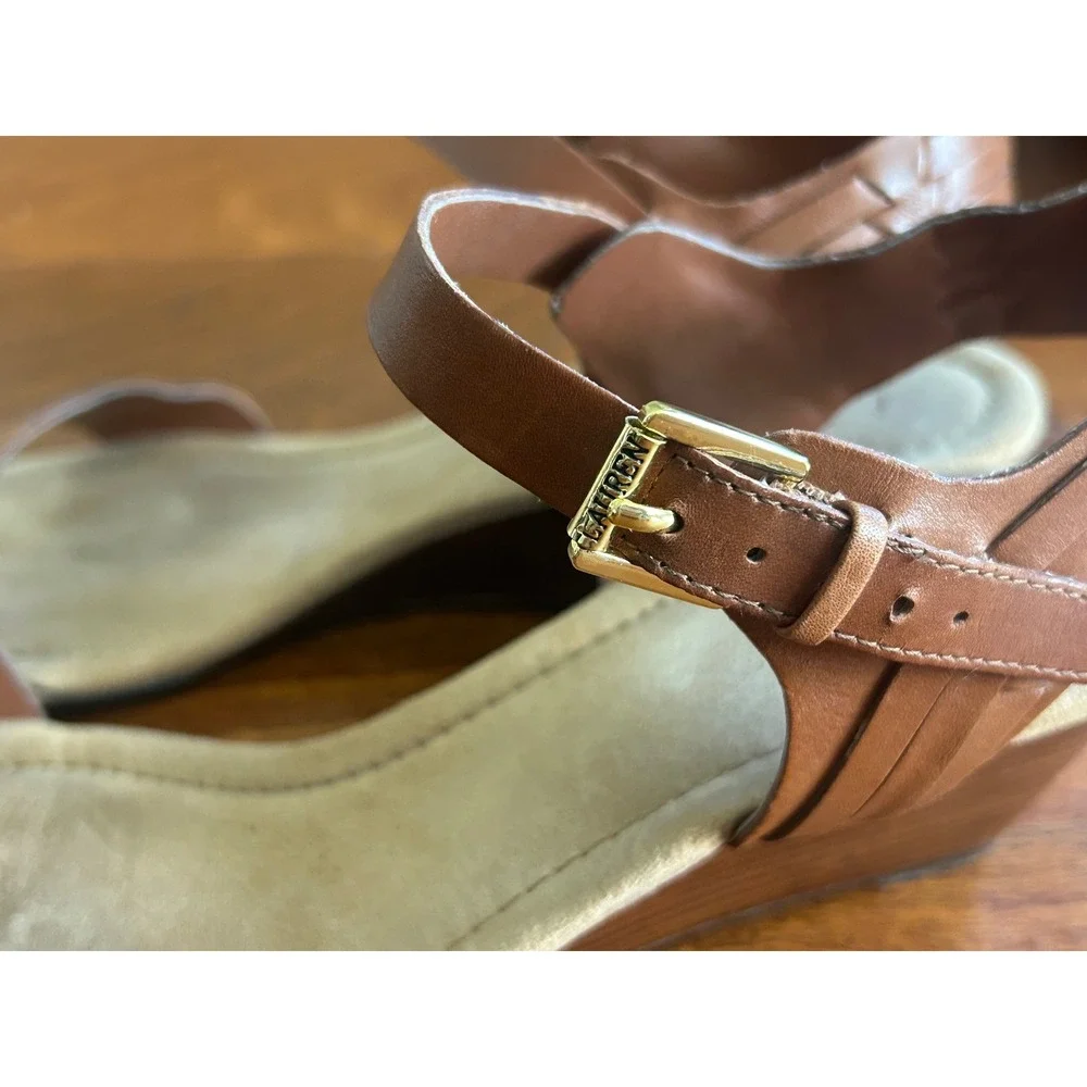 Lauren Ralph Lauren Latrice Tan Brown Leather Woven Wedge Sandals Size 8 B